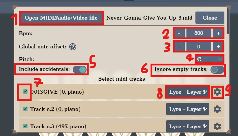 MIDI import settings
